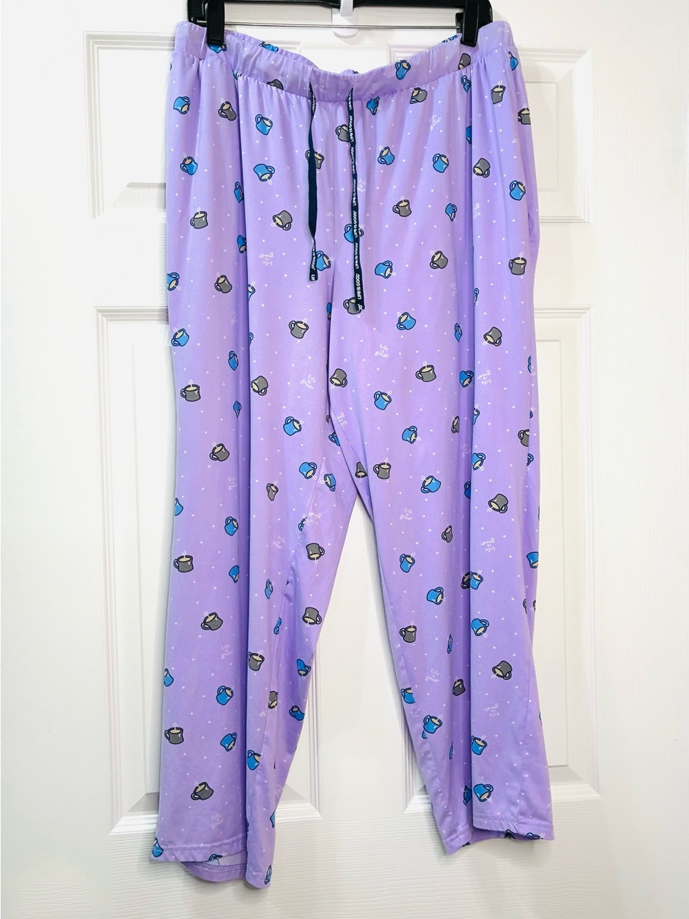 Life is Good Pajama Sleep Pants Women’s XXL Purple Coffee Mugs Pockets Lounge